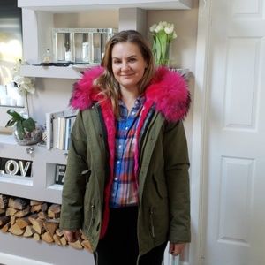 Military green parka with hot pink real fur